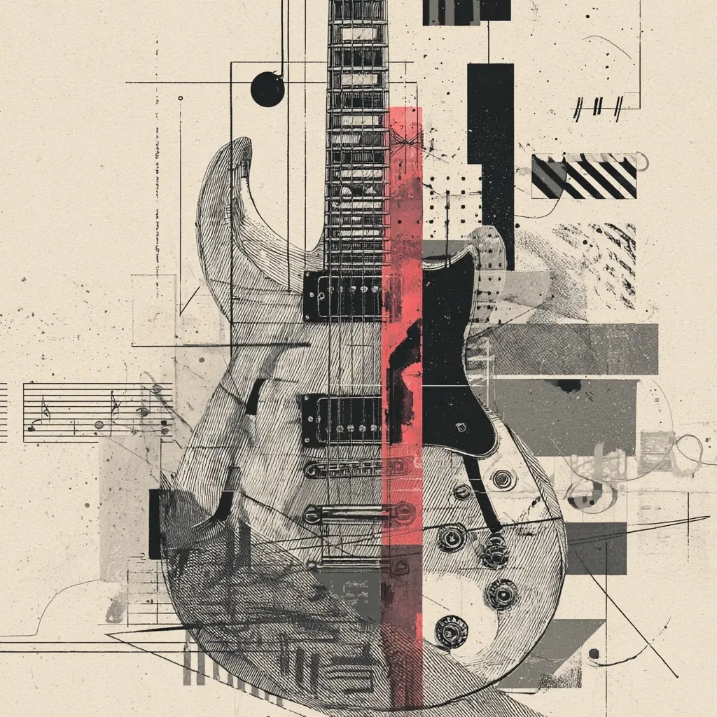 A stylized illustration of an electric guitar dominates the image, rendered in monochrome with textured shading.  Geometric shapes and lines intersect the guitar, creating a collage-like effect.  Fragments of musical notation and abstract patterns add to the complex composition, suggesting themes of music and design. The overall aesthetic is modern and abstract, with a vintage feel.