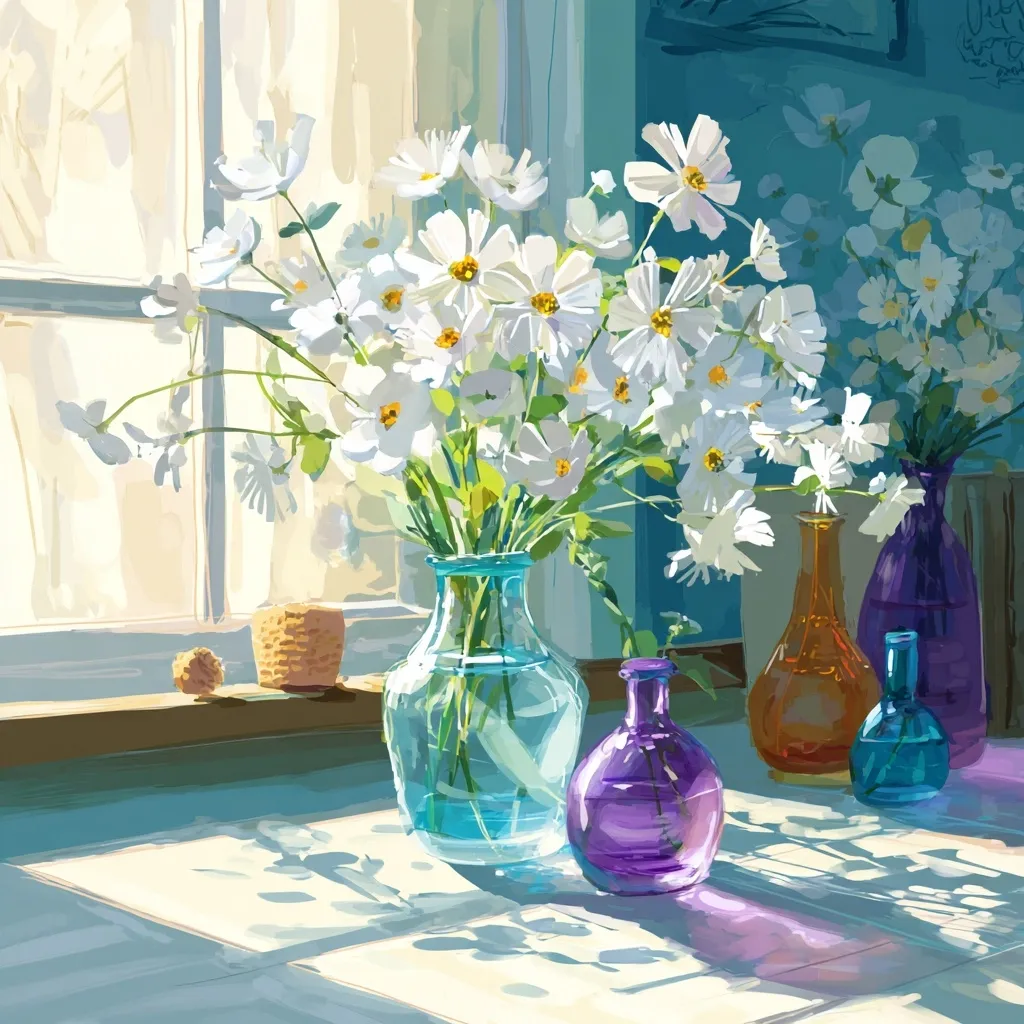 A vibrant still life painting depicts a sunlit windowsill.  A large bouquet of white cosmos flowers dominates, arranged in a light blue glass vase.  Smaller glass vases in shades of purple, orange, and blue are artfully placed around the main vase, casting colorful shadows on the light-colored surface.  The overall impression is one of bright, cheerful serenity.