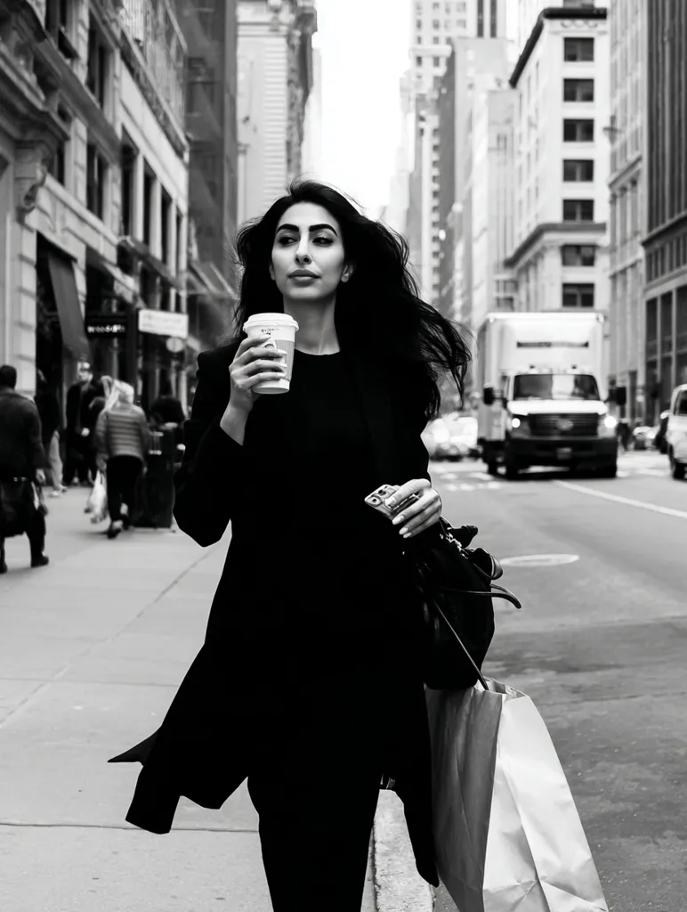 A stylish woman with long dark hair strides down a busy New York City street.  She's dressed in a chic black coat and carries shopping bags and a handbag.  A coffee cup is held in her hand.  The monochromatic image emphasizes the city's urban backdrop and the woman's confident demeanor.  The scene suggests a busy, yet stylish, lifestyle.