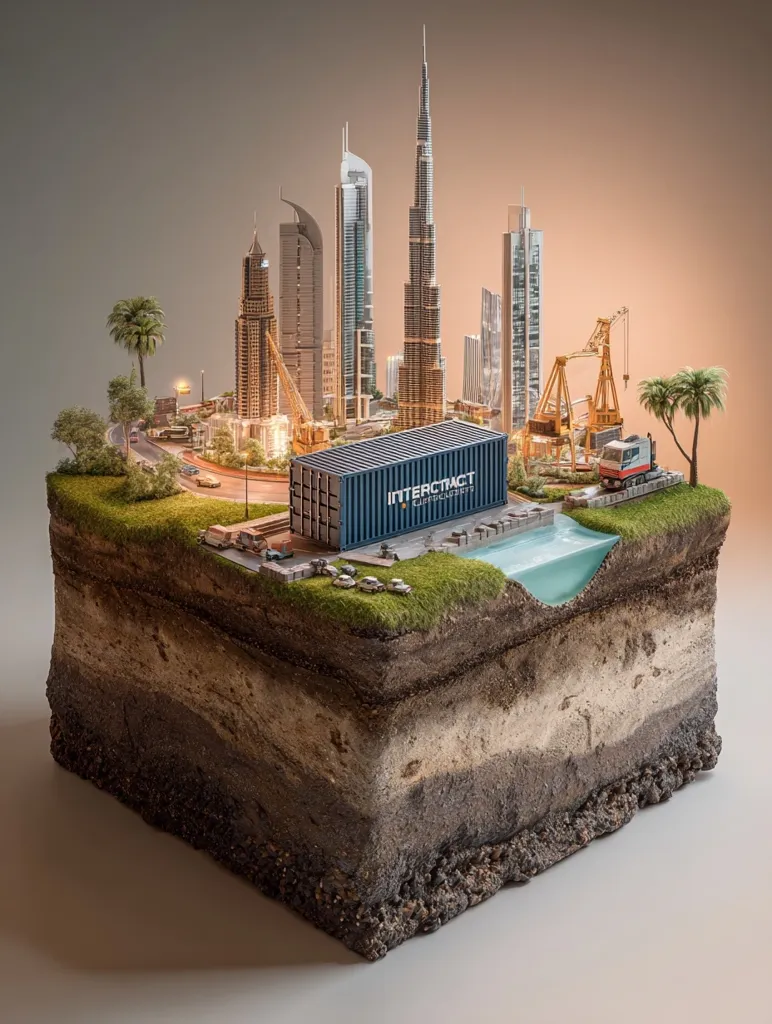 A detailed miniature diorama showcases a modern cityscape, possibly Dubai, nestled within a cross-section of earth.  Skyscrapers, including the Burj Khalifa, are surrounded by construction vehicles and roads. A shipping container marked "Interact" is prominently featured, highlighting logistics and global trade within the urban landscape.  Palm trees and landscaping complete the meticulously crafted scene.