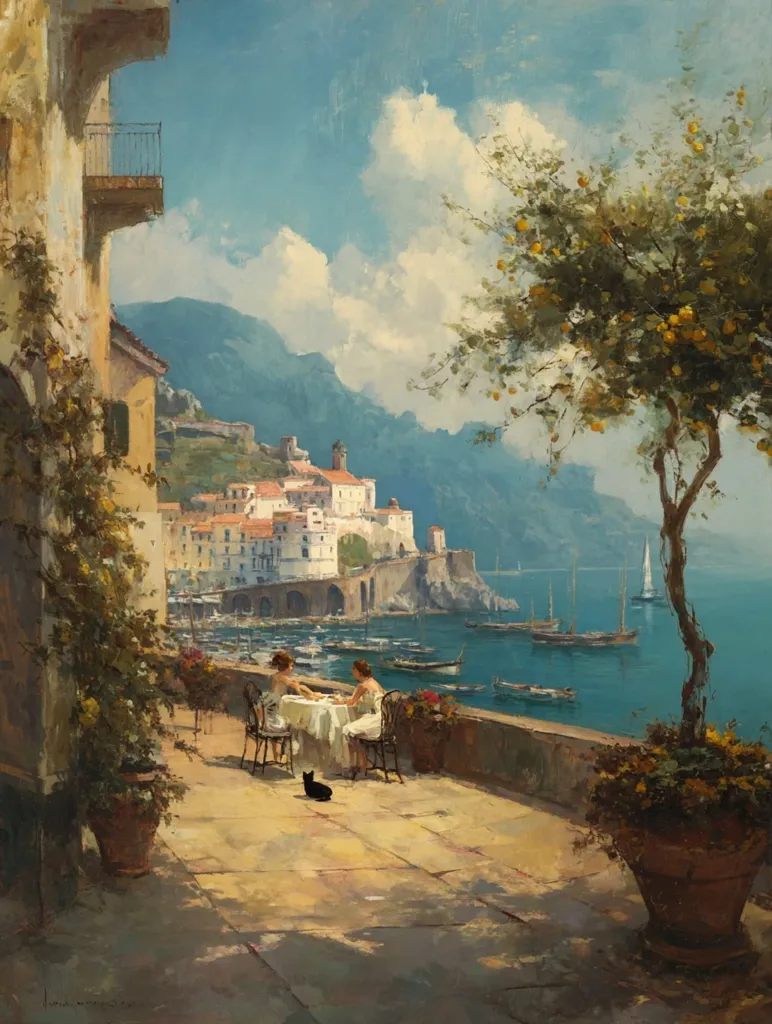 A sun-drenched coastal scene depicts two women seated at a table on a patio overlooking a picturesque Italian village nestled against a mountainside.  The tranquil harbor is filled with sailboats, and a lemon tree provides shade. A small black cat rests near their feet.  The vibrant colors and Impressionistic style create a feeling of warmth and serenity.