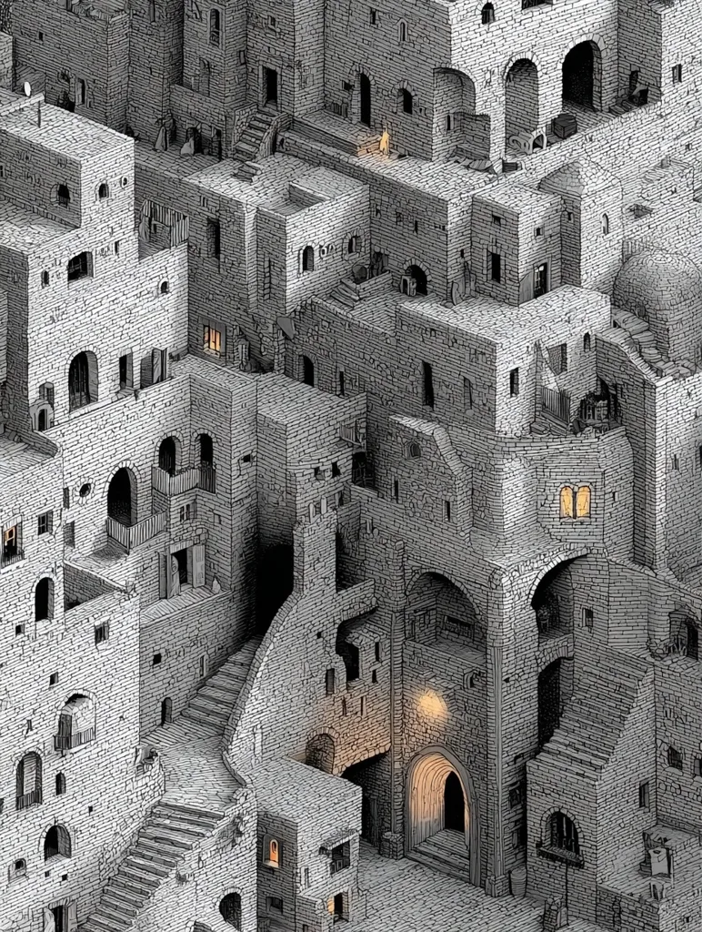 A detailed pen-and-ink drawing depicts a complex, labyrinthine stone city.  Buildings are stacked and interwoven, creating a three-dimensional effect with intricate staircases and arched doorways.  The monochromatic palette emphasizes the architectural detail, suggesting a dense, ancient urban environment with a sense of depth and mystery.  Small figures are sparsely scattered throughout, adding scale and hinting at daily life within the city's confines.  A warm light emanates from a central archway, providing a focal point in the otherwise shadowy scene.