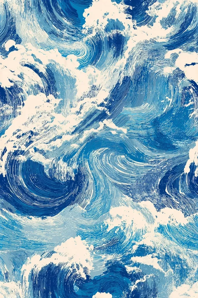 The image is an abstract painting of swirling blue waves and off-white clouds.  The style mimics impasto brushstrokes, creating texture and depth.  Shades of blue range from deep indigo to light teal, suggesting movement and energy within the water. The off-white areas create a contrast, resembling foamy crests or clouds above the sea. The overall impression is one of dynamic motion and a serene seascape.