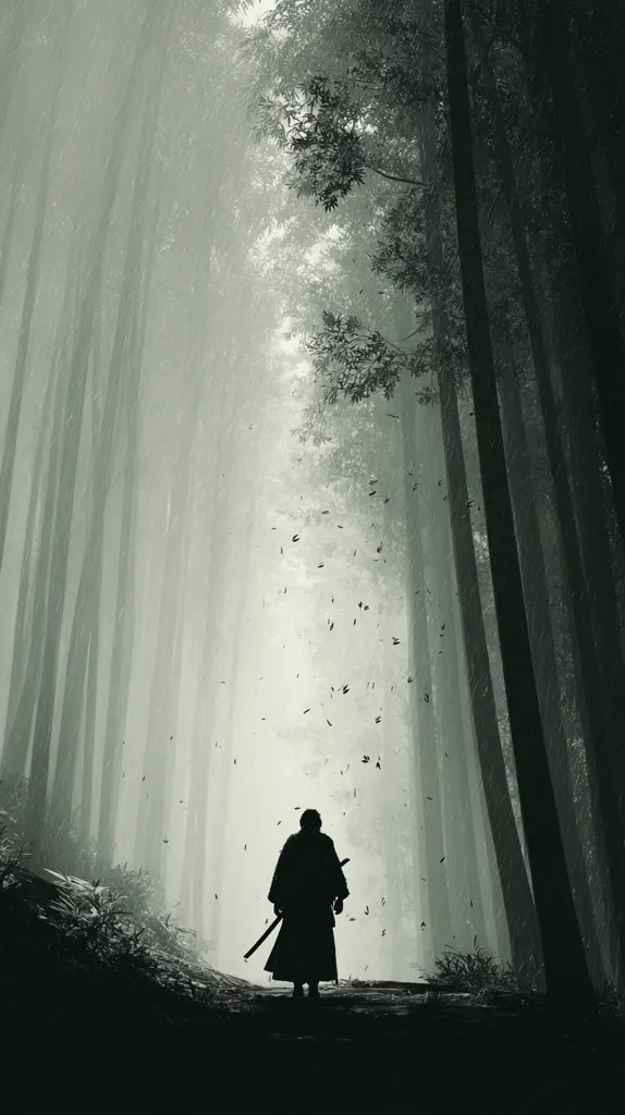 A lone samurai, silhouetted against a misty bamboo forest, stands on a path.  Leaves drift down around him as he carries a katana, his back to the viewer. The monochromatic palette emphasizes the somber mood and the serene yet mysterious atmosphere of the scene.  The tall, slender trees create a tunnel-like effect, leading the eye deeper into the fog-shrouded woods.