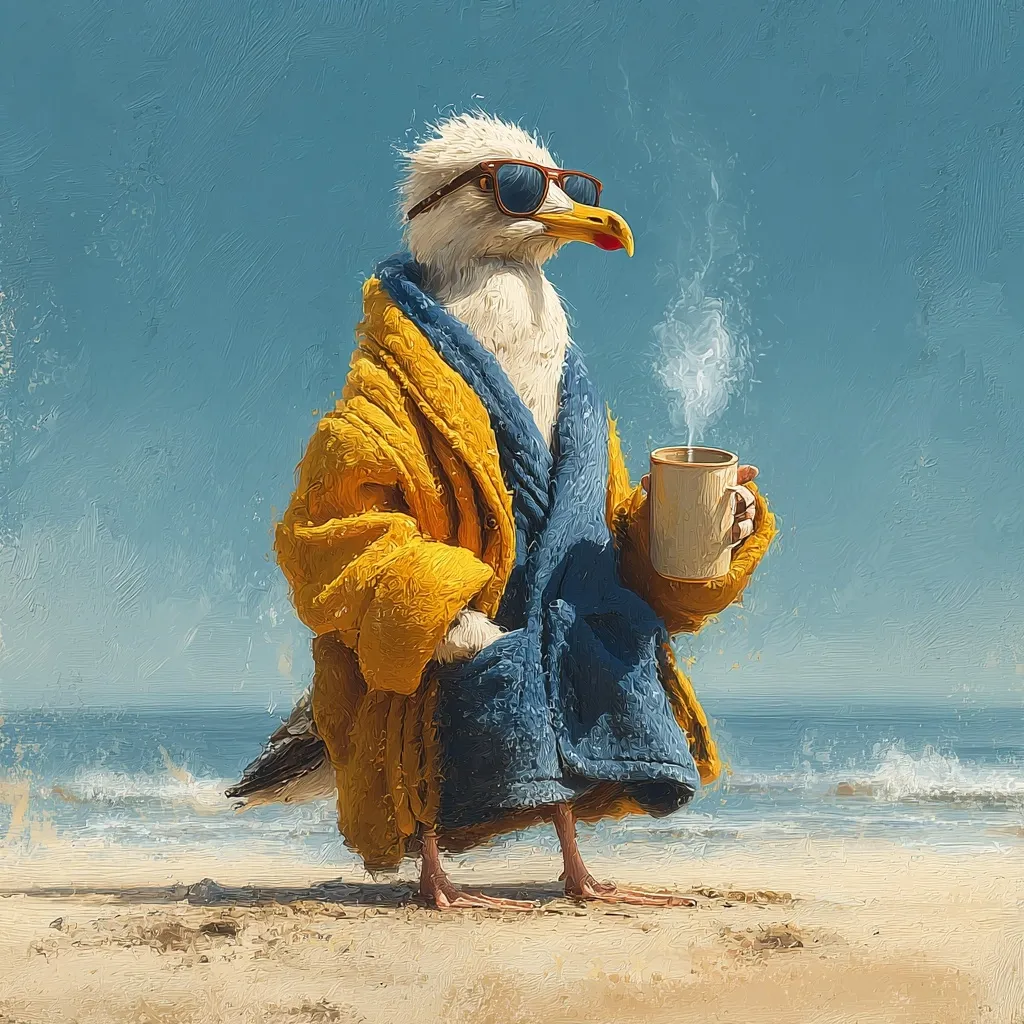 A seagull, wearing sunglasses and a yellow and blue bathrobe, stands on a sandy beach, holding a steaming mug.  The ocean stretches behind it under a clear blue sky. The artwork's style is painterly, with visible brushstrokes, giving it a textured, almost whimsical feel.  The overall impression is one of relaxed contentment.