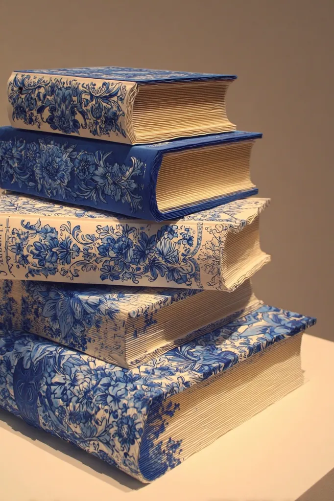 A stack of five books, meticulously arranged, showcases a captivating design.  Each book is adorned with a vibrant blue and white floral pattern, reminiscent of Delftware pottery. The creamy, textured pages are visible at the edges, creating a striking contrast against the intricate floral details.  The books are carefully layered, presenting a visually appealing and artistic display.