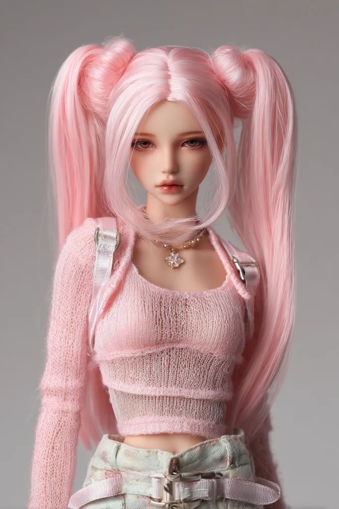 A fashion doll with long, pink pigtails styled in high buns. She wears a delicate, light pink knitted crop top and pastel green high-waisted pants with a silver buckle.  A dainty silver necklace adds a touch of elegance. The doll's makeup is subtle, and her expression is serene. The overall aesthetic is soft, sweet, and feminine.