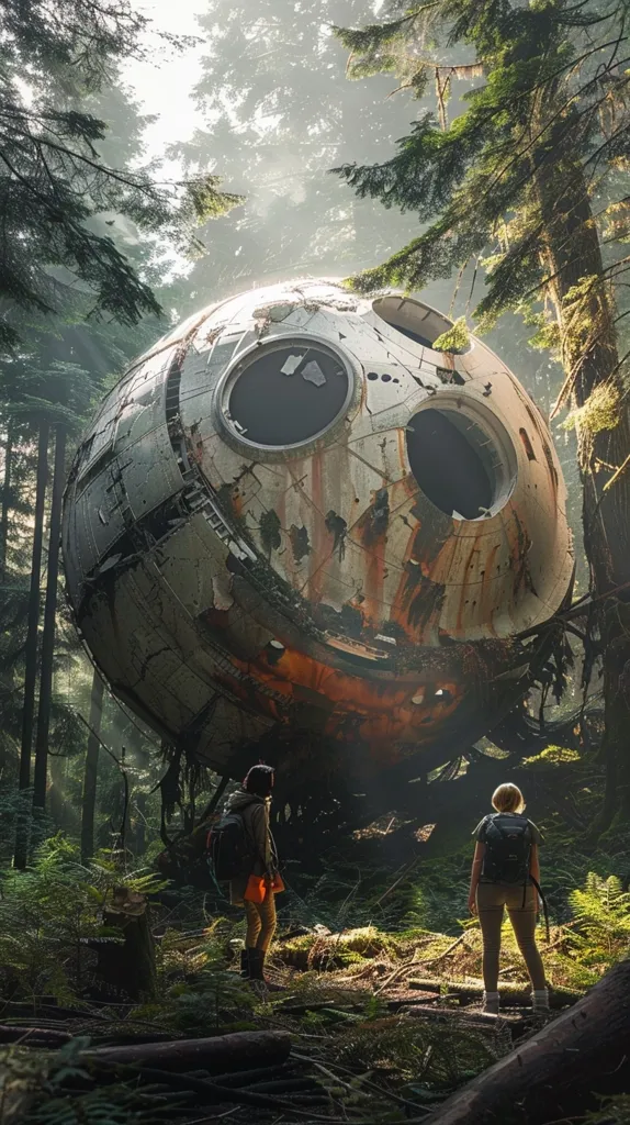 The image is set in a forest. There is a large, spherical object in the middle of the forest. The object is made of metal and has a number of large holes in it. There are two people standing in front of the object. They are both wearing backpacks and look like they are exploring the forest. The image is post-apocalyptic and has a sense of mystery and wonder.