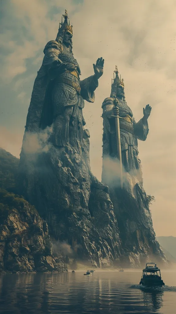 The image is two giant statues carved into a mountain. The statues are both wearing crowns and holding swords. They are standing on either side of a river. There are two boats in the river, one in the foreground and one in the background. The sky is cloudy and there is a mist rising from the river.