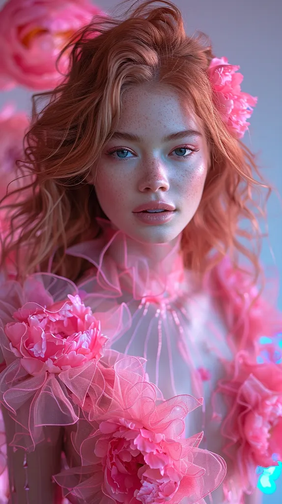 a beautiful model wearing a whimsical neon pink top, xl size organza pink flowers attached all over the top, front half body portrait shot, super long curls, red hair with highlights, refined beauty, high fashion beauty editorial, blue neon studio lighting, studio white background, xl size peonies in the background, high detail, high resolution, 8K, Canon EOS C70 RF24-105 mm --v 6.0 --ar 9:16 --s 1000 --no teenage models