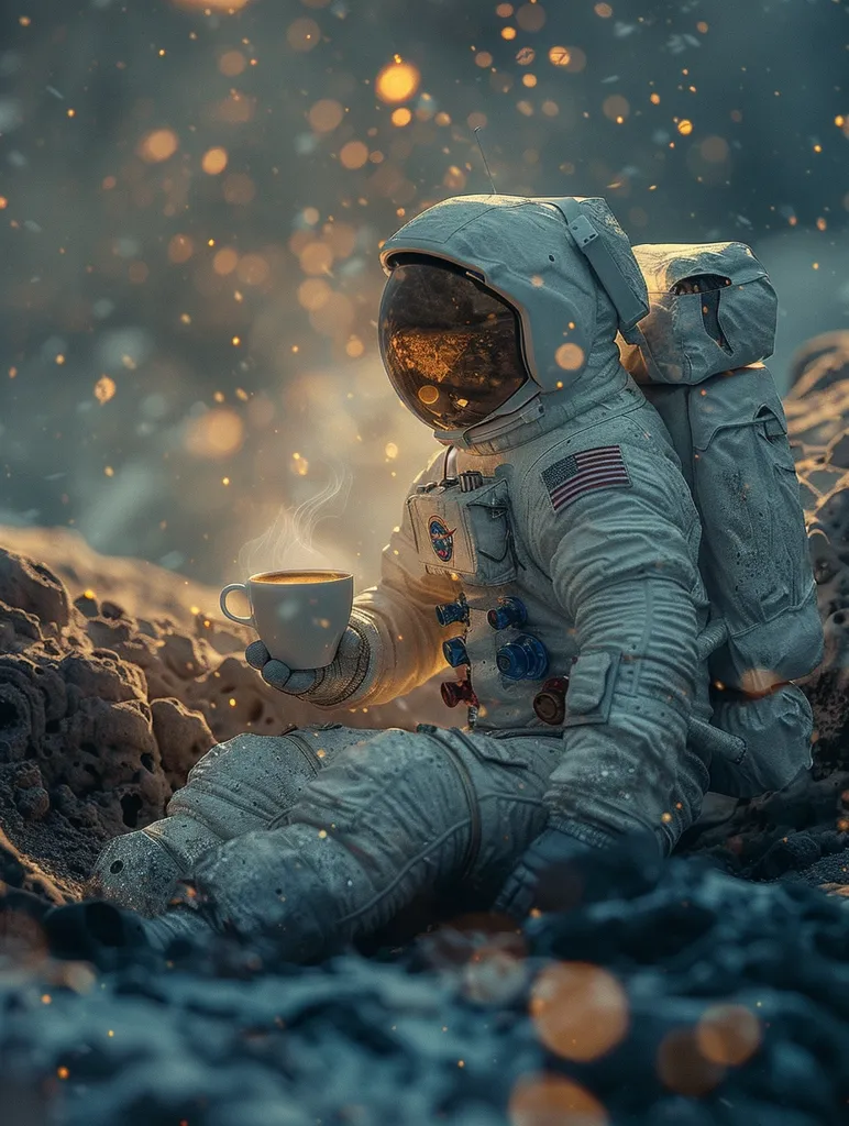 An astronaut sits on a rocky surface, drinking from a cup. The astronaut is wearing a white spacesuit with a clear helmet. The surface is covered in rocks and dust. In the background, there is a large crater. The astronaut is surrounded by a beautiful landscape of stars and planets.