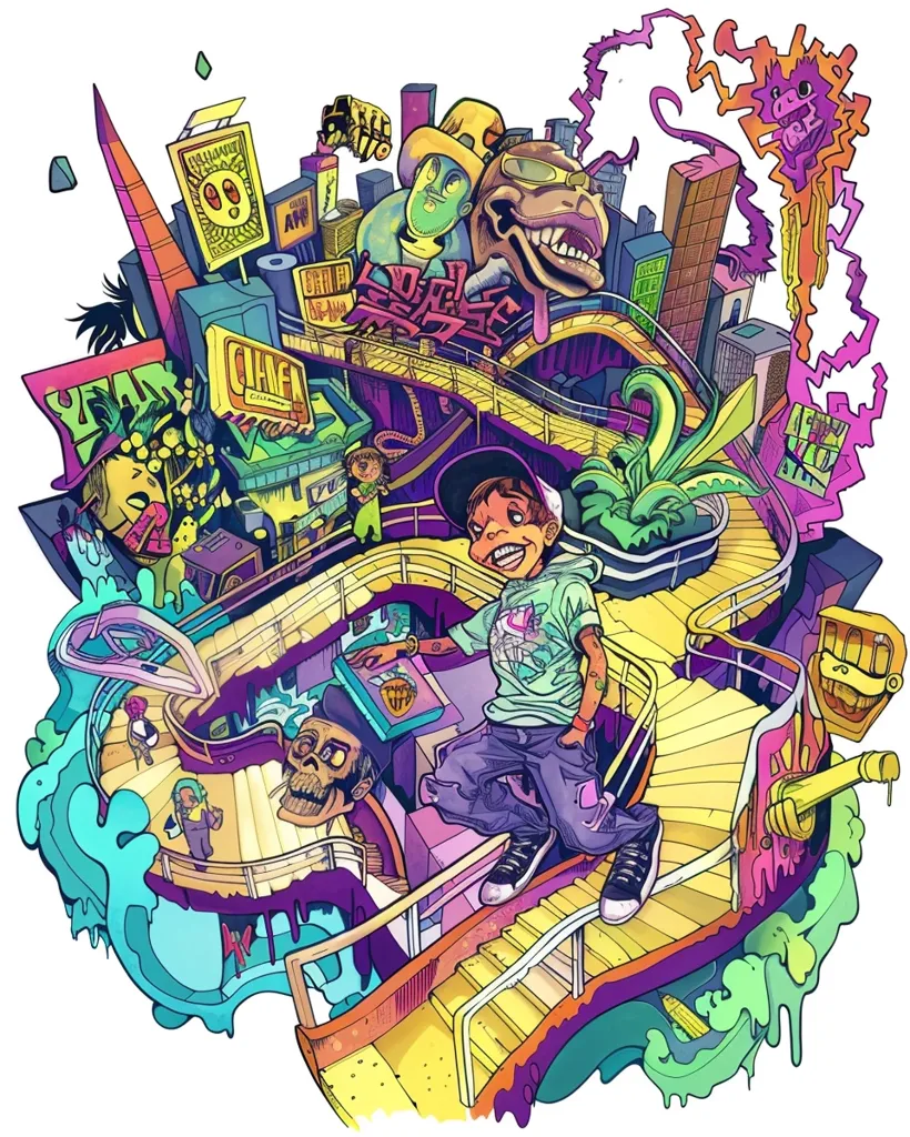 The image is a colorful and vibrant depiction of a city. The city is full of life and energy, with people of all walks of life going about their day. The buildings are tall and imposing, and the streets are crowded with people and vehicles. The city is a place of opportunity and excitement, but it can also be a place of danger and despair. The image is a reminder that cities are complex and multifaceted places, and that they can be both beautiful and ugly, safe and dangerous, exciting and dull.