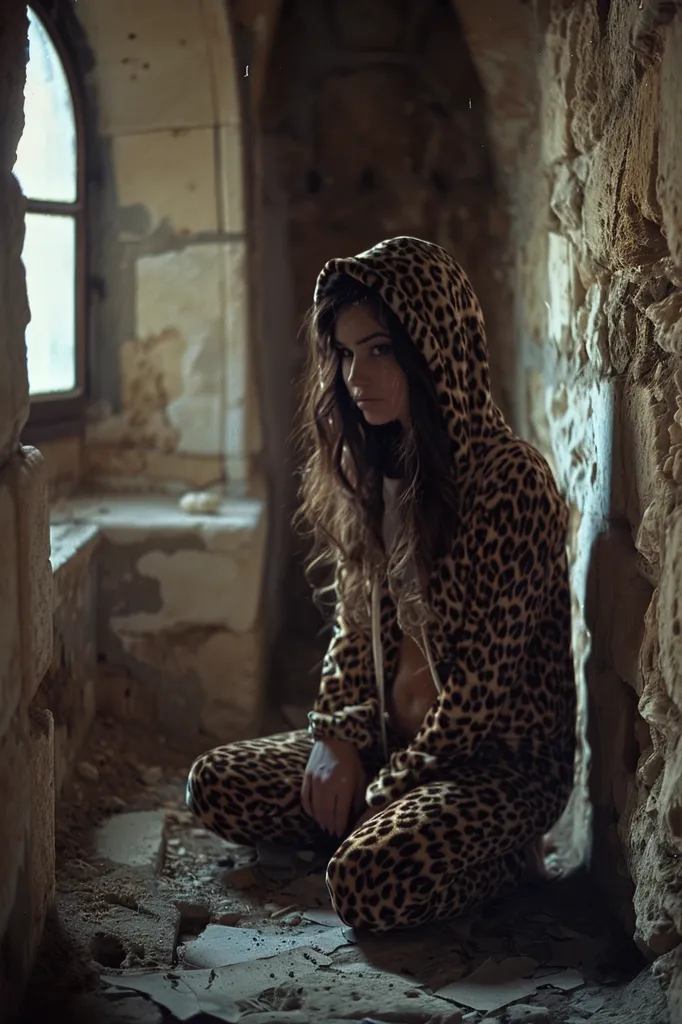 A young woman wearing a leopard print hoodie is crouching in an abandoned building. She has long, dark hair and her eyes are looking down. The building is in ruins, with broken windows and walls. The woman is alone and looks lost and alone.