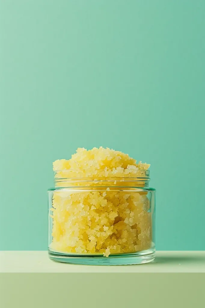 The image shows a jar of yellow body scrub. The scrub is made of sugar, salt, and essential oils. It is used to exfoliate and moisturize the skin. The scrub is in a glass jar with a white lid. The jar is sitting on a solid green surface against a pale green background.