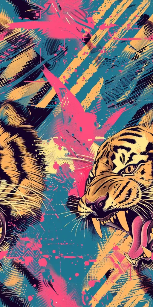 The image is a colorful and abstract painting of two tigers facing each other. The tigers are painted in a realistic style, with their fur and muscles rendered in great detail. The background is a bright and colorful abstract pattern, with splashes of paint and geometric shapes. The painting has a dynamic and energetic feel, and the colors are vibrant and eye-catching.