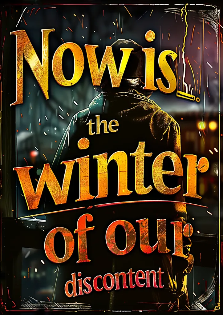 The image is a poster with a dark background and a man wearing a hat and coat in front of a city. The words "Now is the winter of our discontent" are written in large, stylized text across the image. The poster is likely advertising a play or movie of the same name.