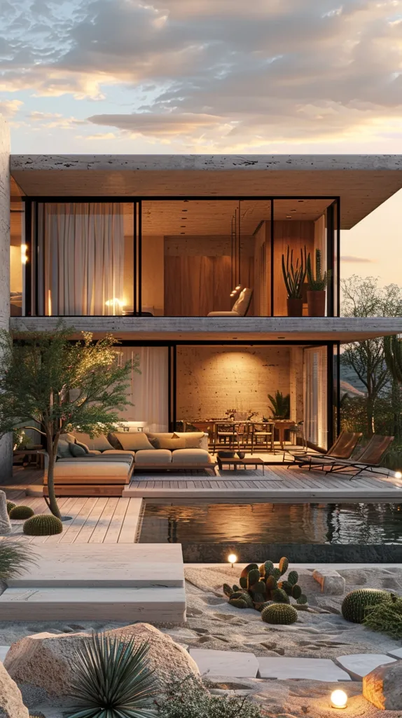 The image shows a modern two-story house with a pool. The house is made of concrete and glass and has a minimalist design. The pool is located in the back of the house and has a waterfall feature. The house is surrounded by desert plants and has a stunning view of the mountains.