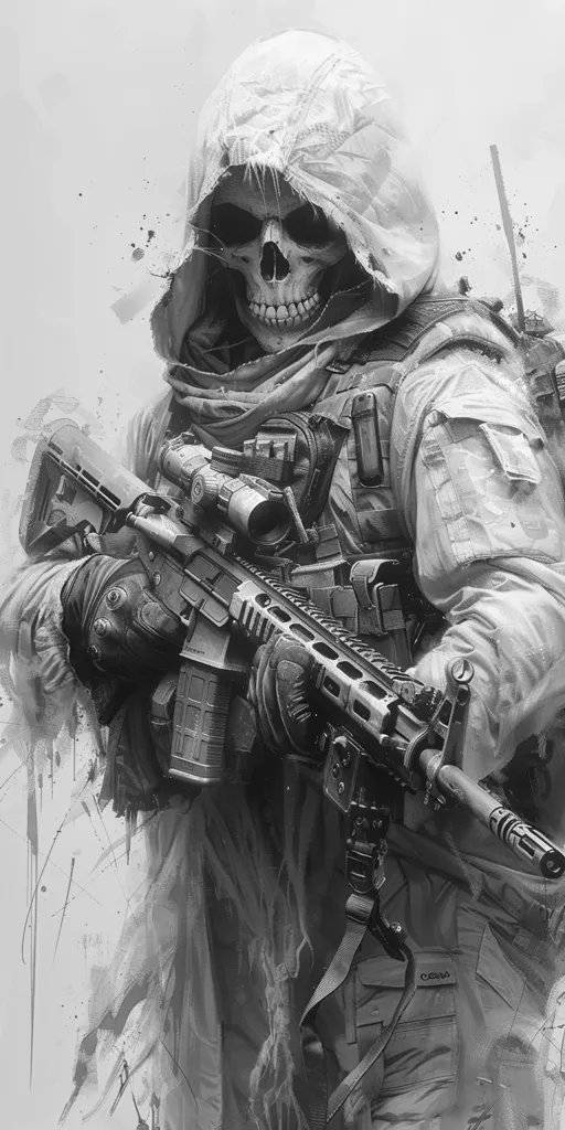 The image is a black and white drawing of a soldier wearing a skull mask. He is dressed in military gear and is carrying a gun. The soldier is standing in a dark, smoky room. There is a light shining on him from the right side of the image. The soldier's eyes are glowing white. He looks like he is ready to attack.