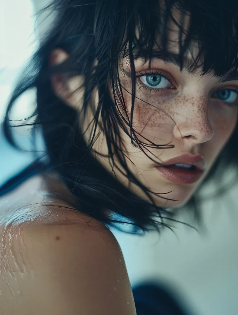 The picture shows a young woman with wet hair and freckles on her face. She is looking at the camera with her blue eyes. She has a serious expression on her face. The background is blurred.