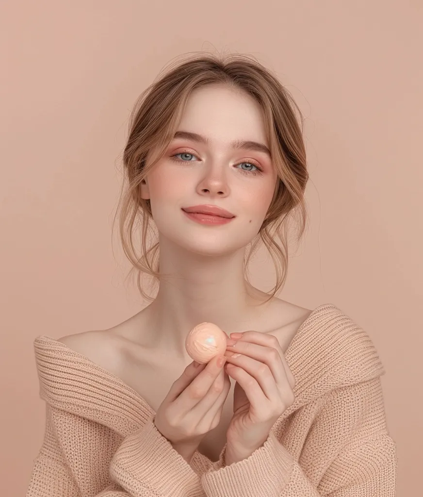 A beautiful Dutch lady holding foundation in her hands, cosmetics model, on a simple solid color studio background in light pink and beige colors with white tones. Fair skin exudes a natural glow and reveals fine texture details. In one front-facing photo, she holds up a small ball of foundation and applies the cream to one cheek. Her hair gently covered half of her head, and her smile was gentle. --ar 109:128