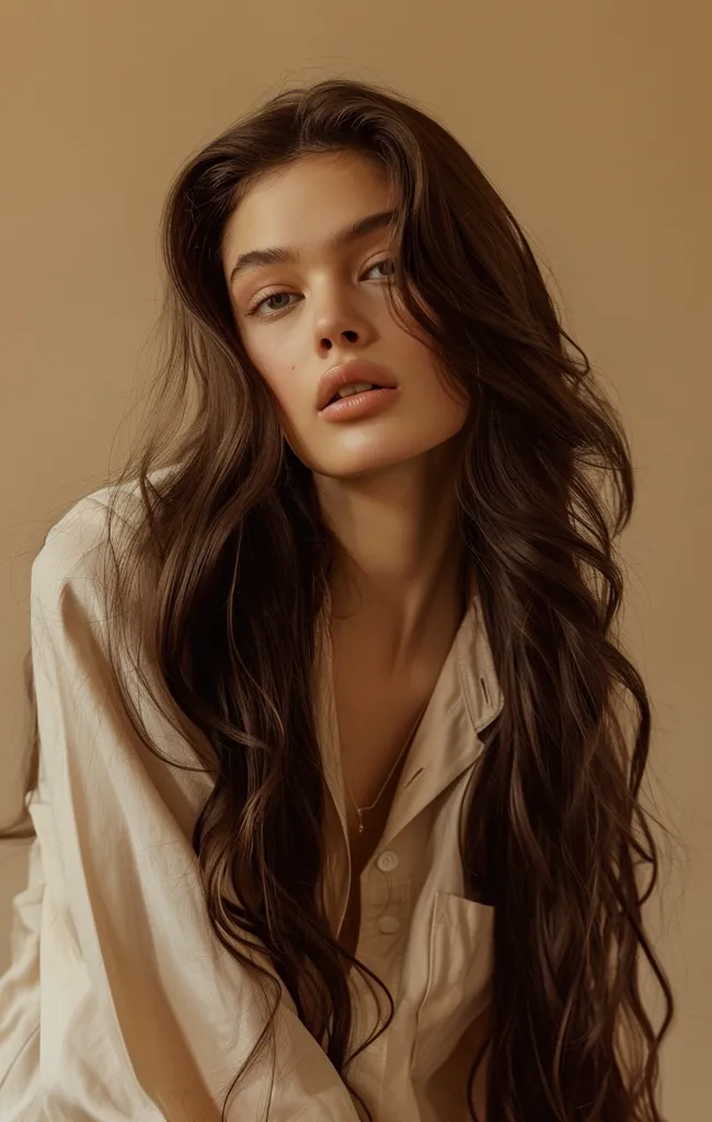 The image shows a young woman with long, wavy brown hair. She is wearing a beige shirt and has a neutral expression on her face. Her skin is flawless and her eyes are a light brown color. She is sitting with her shoulders slightly hunched and her head tilted a bit downwards at an angle. The background is a solid beige color.