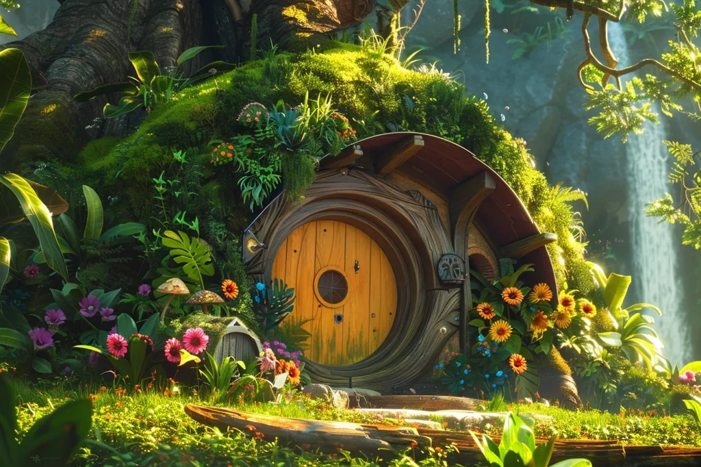 The image is a digital painting of a hobbit hole. The hobbit hole is a round, wooden door set into a hill. The door is surrounded by a garden of flowers and plants. There is a path leading up to the door. The hobbit hole is located in a forest. The trees are tall and the leaves are green. There is a waterfall in the background. The image is very peaceful and serene.