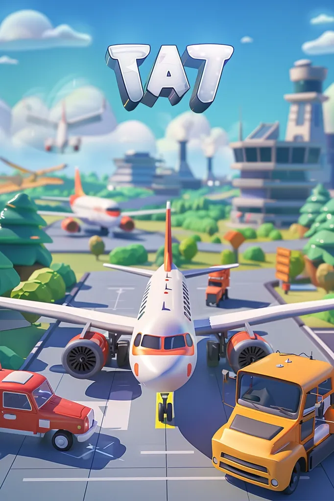 The image shows an isometric view of an airport. There is a plane on the runway, with a truck in front of it and a car behind it. There are also other planes in the background, taking off and landing. The airport is surrounded by trees and buildings. The sky is blue and there are some clouds in the sky.