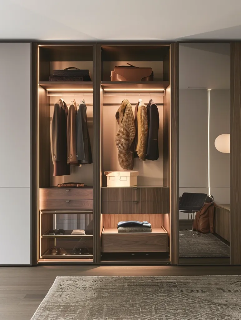 The image shows a modern and luxurious walk-in closet. The closet is divided into two sections by a central island. The left section has a dark wood finish, while the right section has a light wood finish. The island has a white finish and features a mirror, shelves, and drawers. The closet is well-lit with LED lights. There are clothes hanging on the racks and some folded on the shelves. There is a brown leather chair in the corner of the closet. The closet is very organized and stylish.