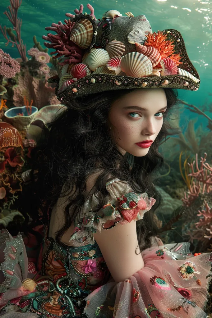 Oceanic Opulence with Vivienne Westwood's Artistry: Dive into oceanic opulence with a fashion shoot inspired by Vivienne Westwood's avant-garde designs. The model wears a sculptural gown adorned with seashells, coral motifs, and flowing aquatic textures, set against an underwater backdrop teeming with bioluminescent creatures. The makeup features iridescent tones and aquatic-inspired hairstyles with cascading waves and shell accessories. (Avant-Garde:1.8), (Vivienne Westwood:1.7), (Seashells:1.5), (Coral Motifs:1.4), (Aquatic Textures:1.3), (Underwater Backdrop:1.5), (Iridescent Makeup:1.6), (Aquatic-Inspired Hairstyles:1.7) --chaos 20 --ar 2:3 --style raw --stylize 400 --v 6.0