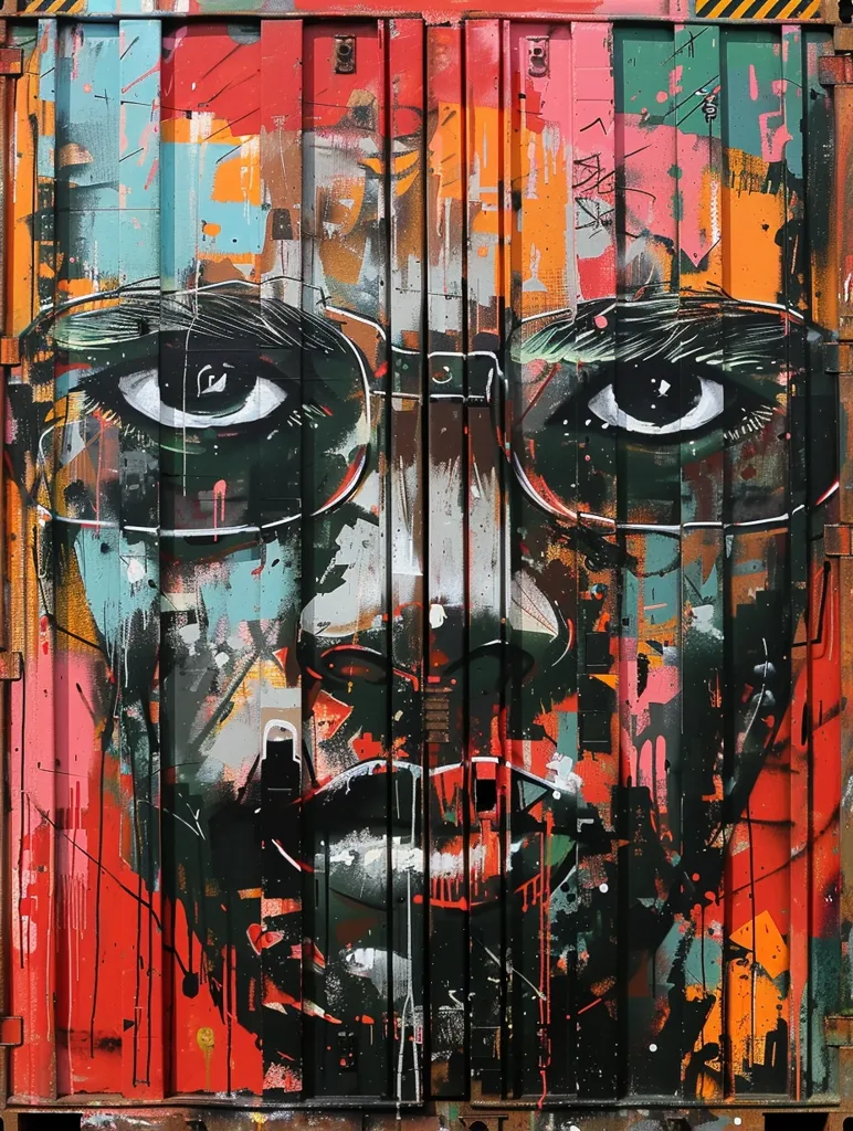 The image is a street art of a woman's face. The woman is wearing glasses and has her hair tied up. The background is a bright yellow color. The image is painted on a corrugated metal surface.