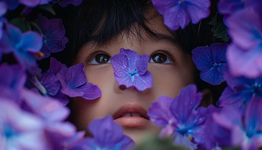 The little boy is surrounded by purple flowers. The boy's eyes are wide open and he is looking at the camera. The flowers are in focus and the boy's face is slightly out of focus. The background is blurry. The boy's expression is serious.