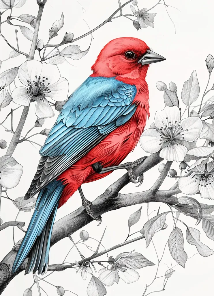 The image is a watercolor painting of a bird with red and blue feathers. The bird is sitting on a branch with pink and white flowers. The background is white. The bird is looking at the flowers. The painting is very detailed and realistic.