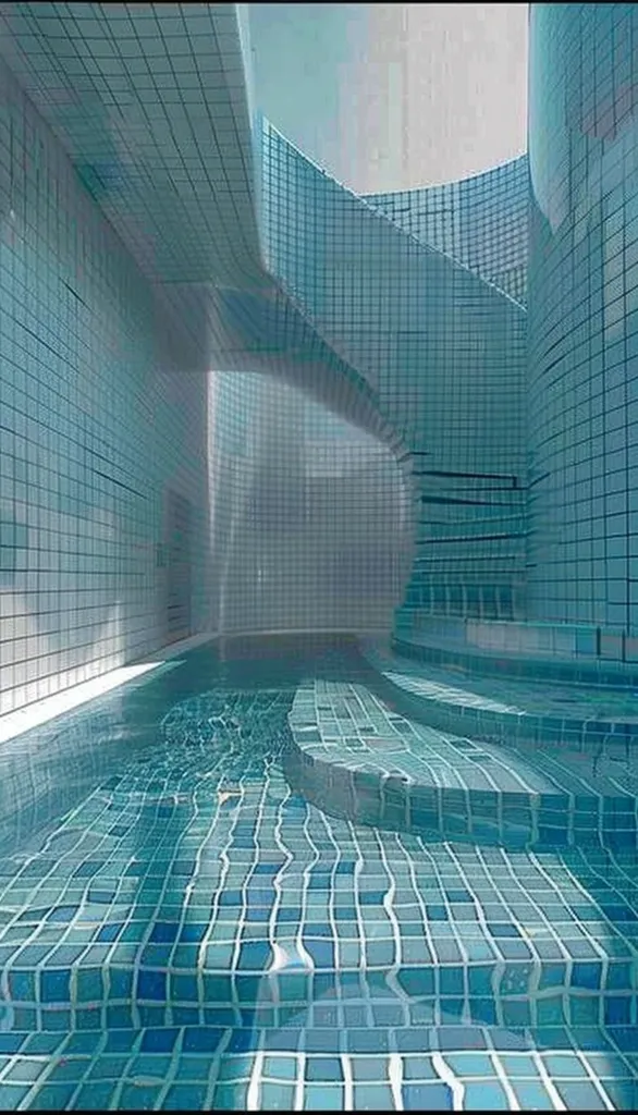 The image is a 3D rendering of a swimming pool. The pool is surrounded by blue tiles and has a curved staircase leading up to it. The water in the pool is crystal clear and reflects the blue tiles on the walls and floor. The image is very calming and serene.