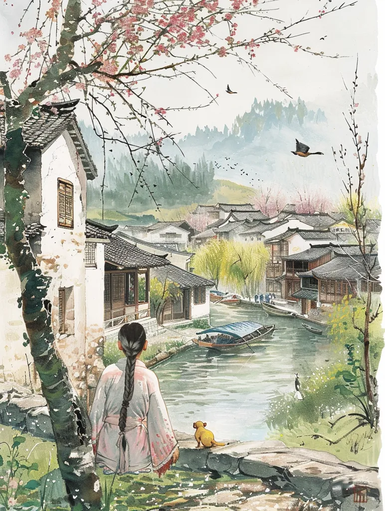 In the picture you can see a girl with long black hair and white clothes standing on a stone fence. There is a small yellow dog sitting beside her. In front of them is a river with a few boats on it. On the riverbanks, there are many houses with black roofs and white walls. Behind the houses, there are green mountains. The sky is white with some grey clouds in it. There are some trees with pink flowers on the left side of the picture.