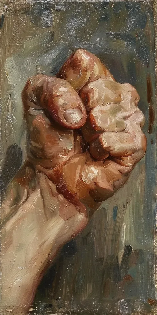 The painting is of a clenched fist. The fist is painted in realistic detail, with the veins and wrinkles of the skin clearly visible. The background is a dark, neutral color, which makes the fist stand out. The painting is a study of the human hand, and it is a powerful and evocative work of art.