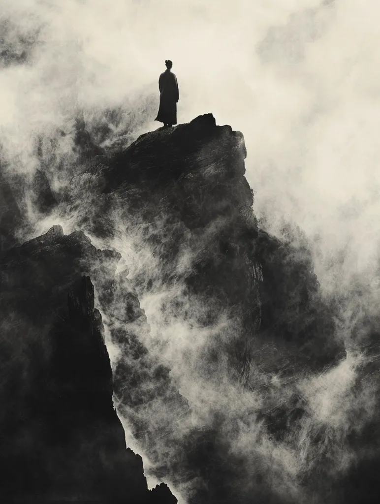 The image is in black and white. A man is standing on a rock in the middle of a stormy sea. The man is wearing a long robe and has his head bowed. The waves are crashing against the rocks, and the wind is blowing the man's hair and clothes. The image is very dramatic and conveys a sense of danger and isolation.