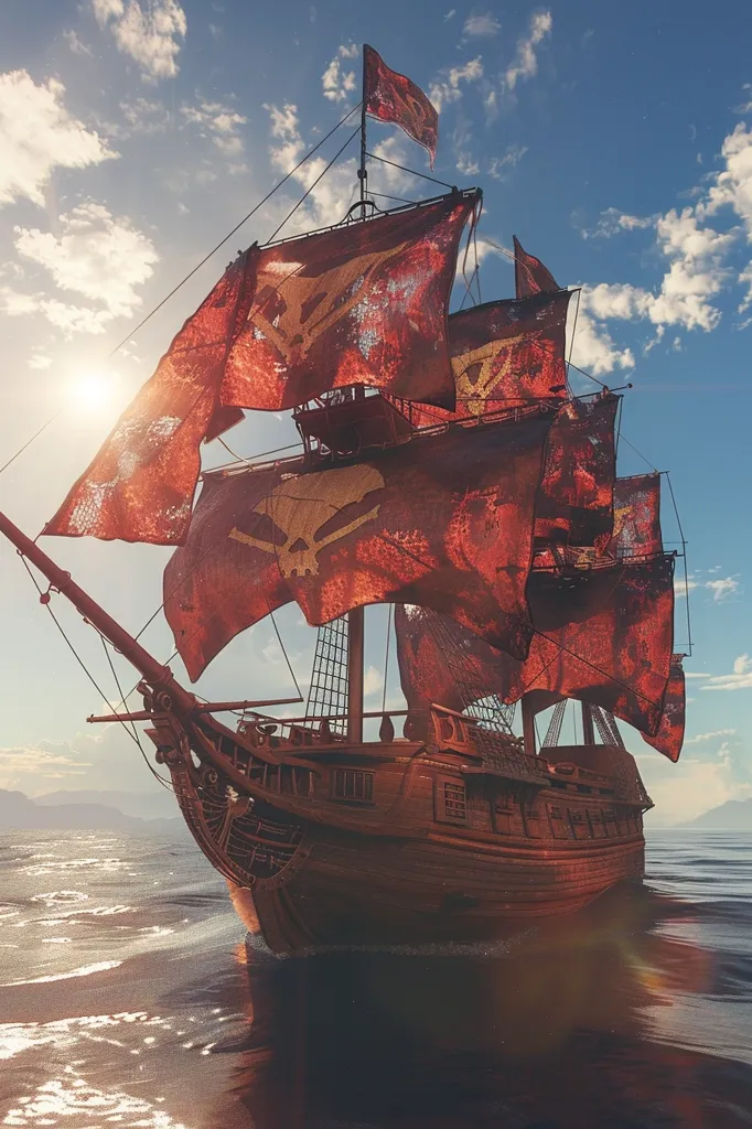 The pirate ship is a majestic sight to behold. Its large, tattered sails are a deep red color, and the ship's hull is a dark brown. The ship is flying a black flag with a white skull and crossbones. The ship is surrounded by a vast ocean, and the sky is a clear blue. The sun is shining brightly, and the waves are gently crashing against the ship's hull.