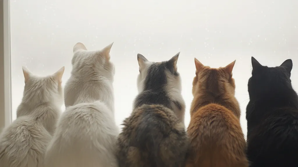 Five cats are sitting in a row on a window sill looking out at the snow. The cats are all different colors, the first two are white, the third is gray and white, the fourth is orange, and the fifth is black. Their tails are all different lengths and shapes. The cats are all looking out the window at the snow. The snow is falling heavily and it looks like a winter wonderland outside. The cats are all warm and cozy inside and they are enjoying the view of the snow.