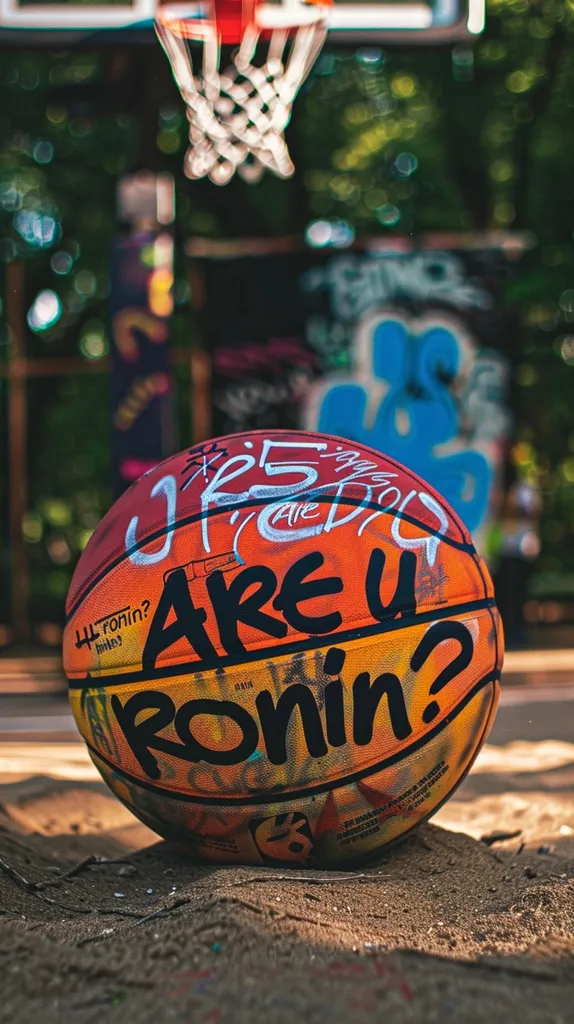 This is a close-up image of a basketball. The basketball is orange and has the word "Are you Ronin?" written on it. It is sitting on the ground in front of a basketball hoop. The background is blurry and looks like a forest.
