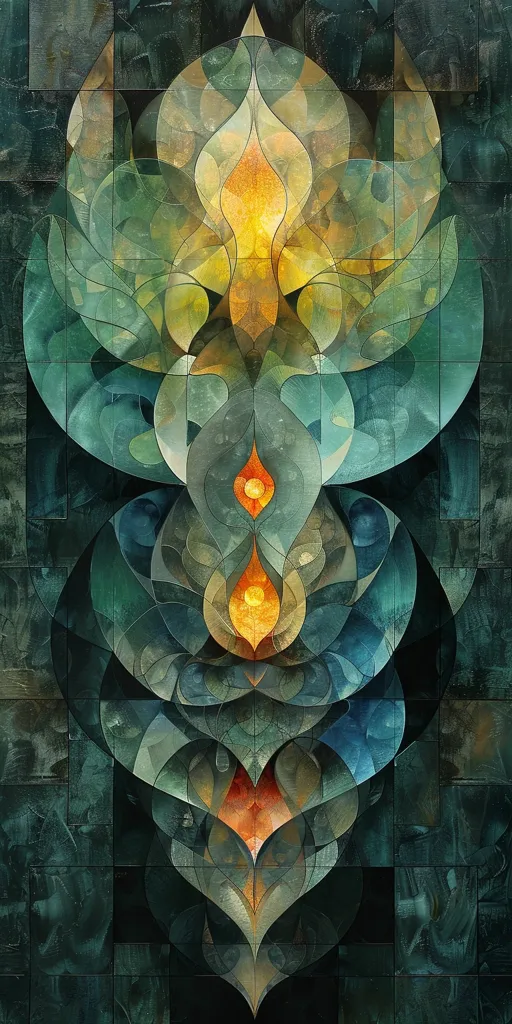 The image is an abstract painting. It has a dark green background with a symmetrical pattern of leaves and flowers in shades of green, blue, and orange. The painting has a mosaic-like appearance, with the leaves and flowers appearing to be made up of small tiles. The painting has a calming and meditative effect.