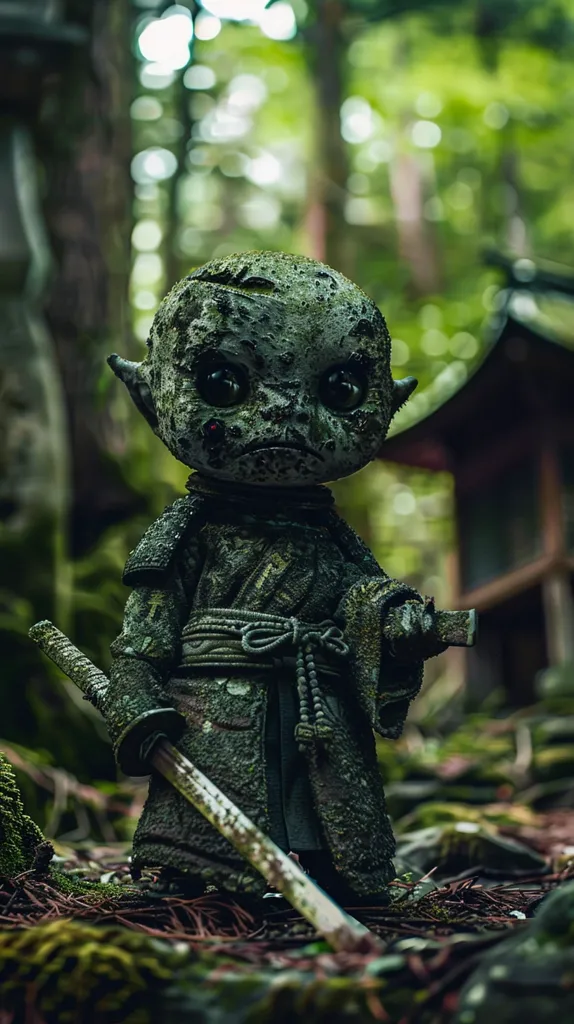 The image is a 3D rendering of a moss-covered samurai figurine. It is standing in a forest, surrounded by trees and moss-covered rocks. The samurai is wearing a traditional kimono and has a sword in its hand. The image is very detailed and realistic.