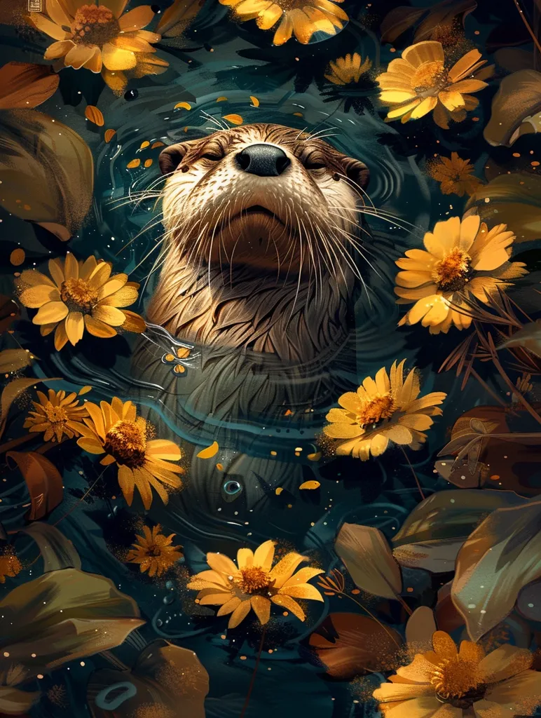 The image shows an otter swimming in a pond. The otter is surrounded by yellow flowers and green leaves. The water is clear and you can see the otter's reflection. The otter is looking up at the sky. The image is very peaceful and serene.