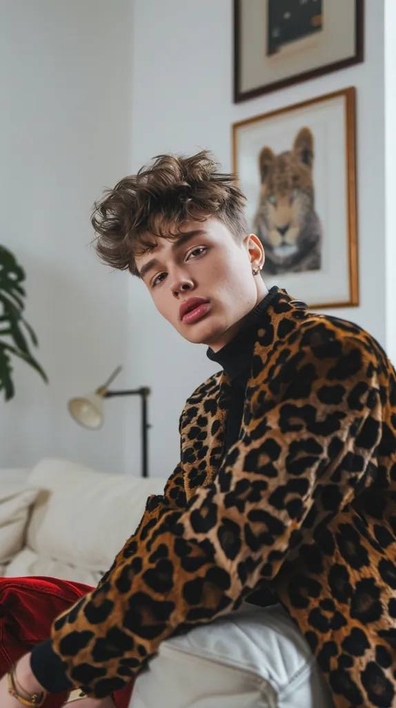 The picture shows a young man with a stylish haircut and a leopard print jacket. He is sitting on a white sofa and looking at the camera with a serious expression. There is a plant and a picture of a lion on the wall behind him.