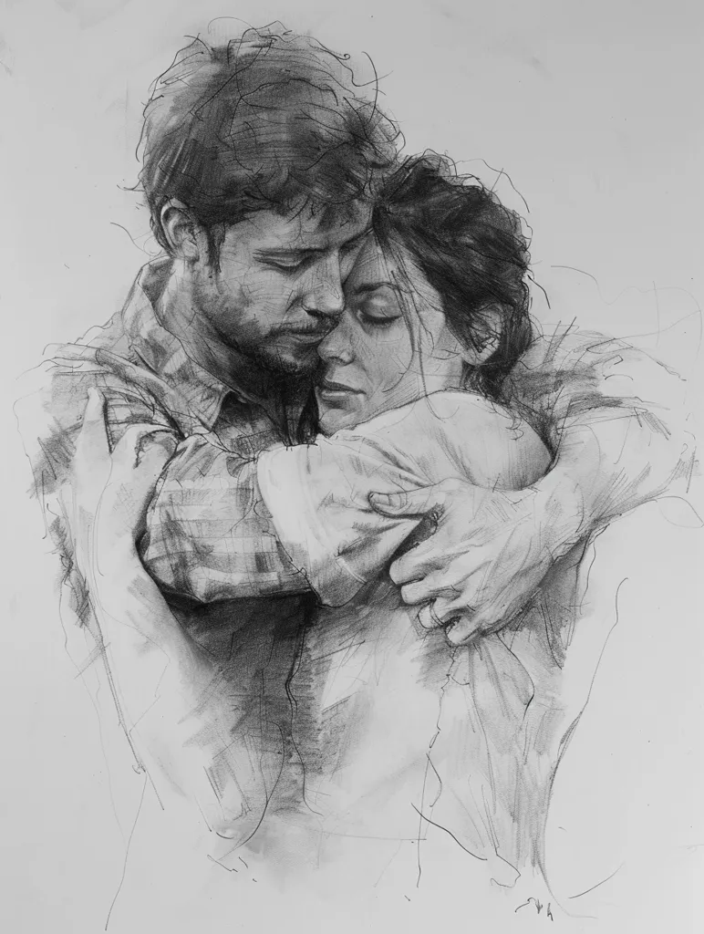This is a beautiful pencil drawing of two people, presumably a man and a woman, embracing each other. The man is taller than the woman and has his head bent down, resting on the woman's shoulder. The woman has her eyes closed and is leaning into the man's embrace. Both people have their arms wrapped around each other. The drawing is done in a realistic style and captures the emotion of the moment.