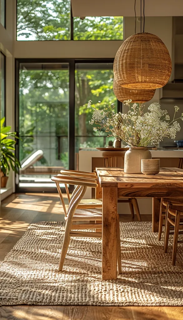 The image shows a dining room with a large wooden table and several chairs. The table is decorated with a vase of white flowers. There is a large window in the background of the room, which lets in plenty of natural light. The floor is covered with a jute rug. The room is decorated in a modern style with a focus on natural materials.