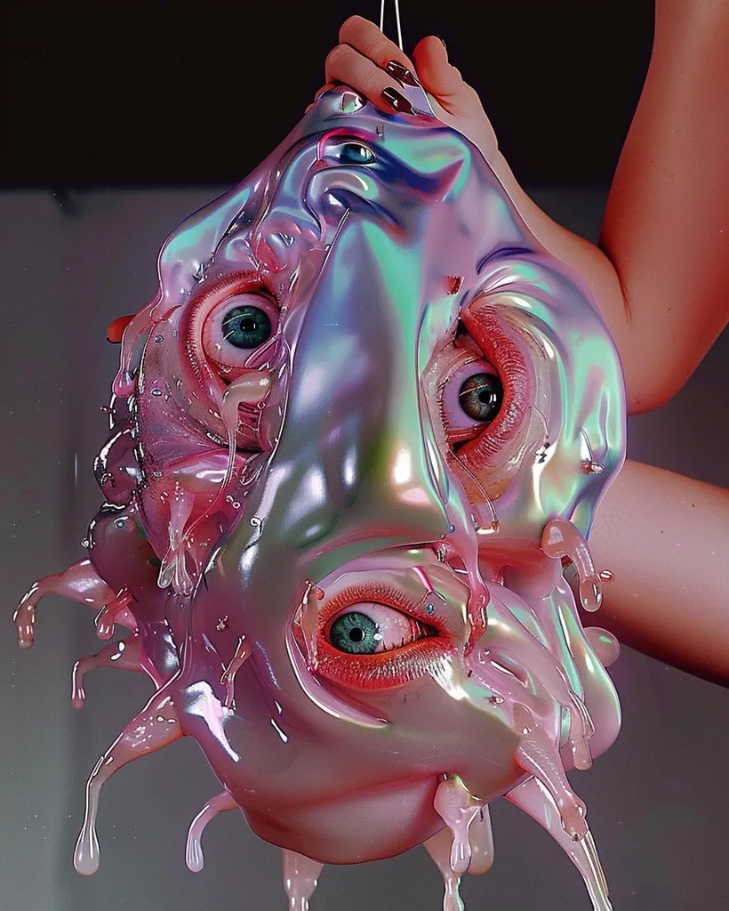 The image is a close-up of a person's hand holding a strange, fleshy object. The object is pink and shiny, and it has multiple eyes and mouths. The eyes are all looking in different directions, and the mouths are all open. The object is also dripping a strange, viscous fluid. The person's hand is holding the object by the top, and the object is dripping down towards the bottom of the image. The background is black, and the object is the only thing in the image.