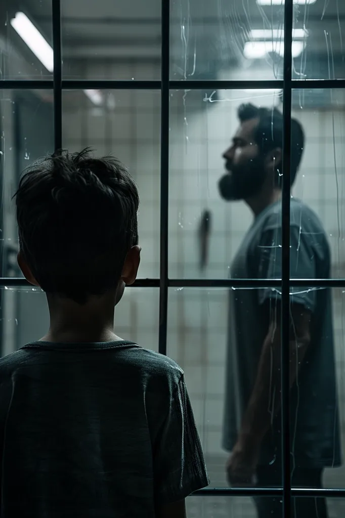 The image is in a dark room. There is a boy with dark hair and a man with a beard and dark hair. The boy is looking at the man through a dirty window. The man is not aware of the boy. The boy is wearing a dark shirt. The man is wearing a white shirt. The image is sad and mysterious.