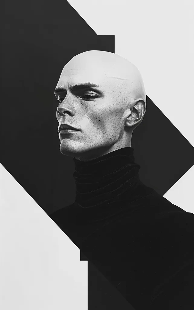 The image is a black-and-white portrait of a bald man with a neutral expression on his face. He is wearing a black turtleneck sweater. The background is white with two large black geometric shapes.