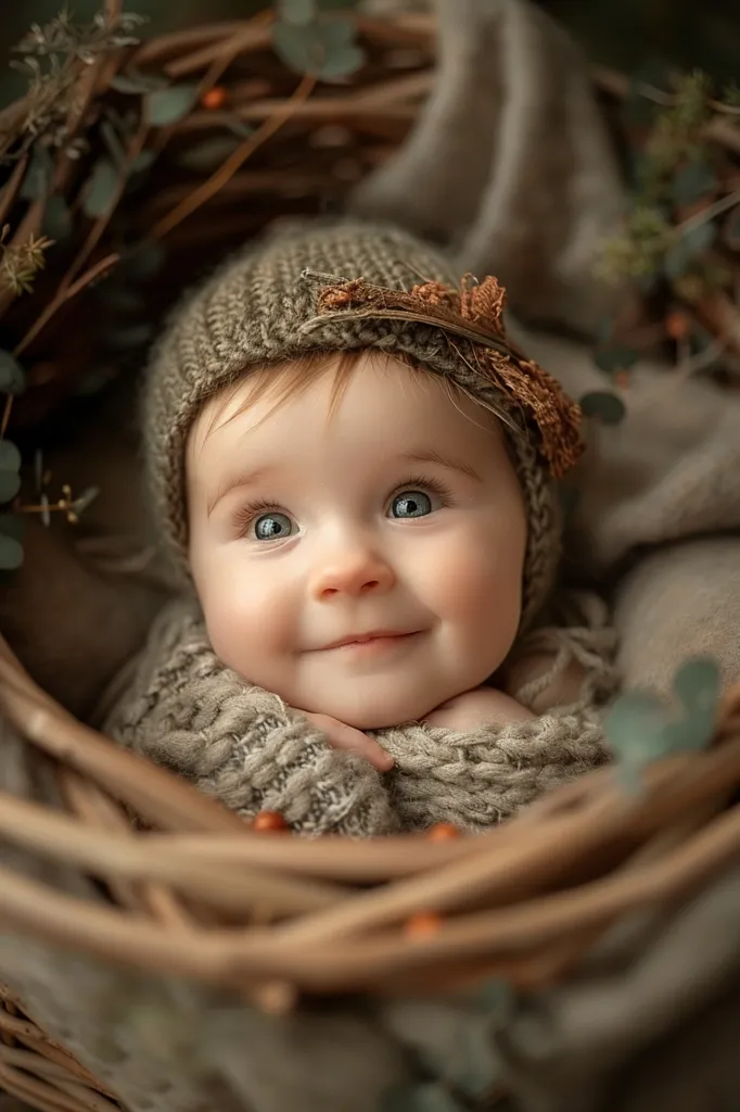 The image contains a baby girl. She is wearing a brown hat and a beige blanket. She is lying in a basket and smiling at the camera. The background is blurry and contains some leaves. The baby's eyes are blue and her skin is fair. She has a small nose and a cute little mouth. She is a very beautiful baby.