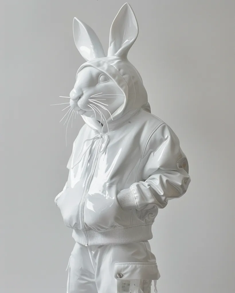 The image is a photo of a white sculpture of a rabbit wearing a white hoodie with cargo pants. The sculpture is standing with its hands in its pockets. The rabbit's ears are long and perked up. Its eyes are small and black, and its nose is large and pink. The sculpture is smooth and shiny, and it looks like it is made of plastic or resin. The sculpture is about 3 feet tall, and it is standing on a white pedestal. The background is a light gray color, and it looks like the sculpture is in a studio or gallery.